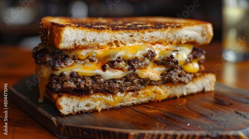 a beef patty melt  with melted cheese oozing