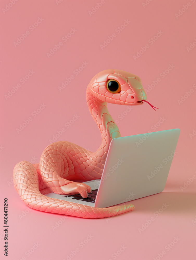 Fototapeta premium A Cute 3D Snake Using a Laptop Computer in a Solid Color Background Room