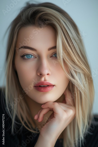 A professional Studio photo portrait of a gorgeously beautiful blonde woman and perfect skin