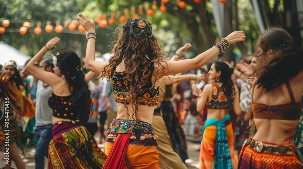 Several women wearing vibrant skirts are dancing together in a group, moving energetically and gracefully to music.