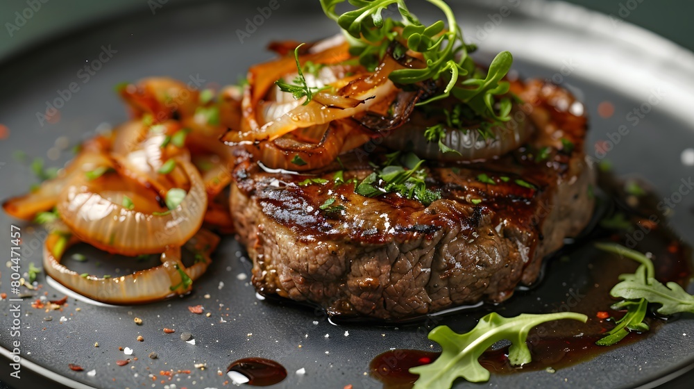 a beef steak topped with caramelized onions, the details crisp and beautifully centered on the plate. a beef steak topped with caramelized onions, the details crisp and beautifully centered on the plate.