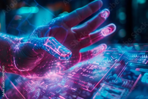 A close-up of a human hand interacting with a holographic interface, emphasizing the human element in cybersecurity, photorealistic