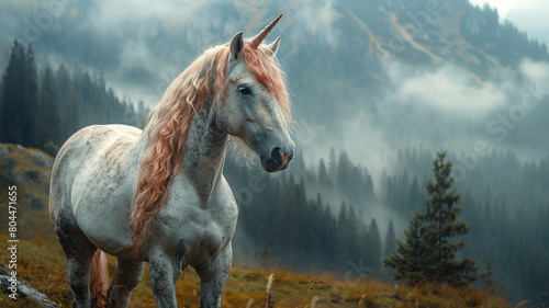 white unicorn horse in the field with pink hair, in the mountains, HD image of unicorn fantasy photography