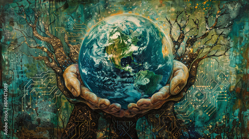 An abstract representation of the planet Earth cradled in hands made of both roots and circuitry  symbolizing the integration of natural and technological stewardship.