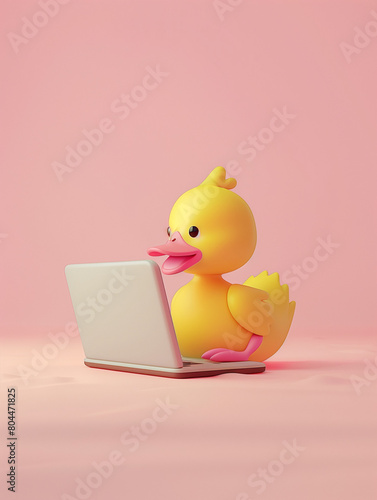 A Cute 3D Duck Using a Laptop Computer in a Solid Color Background Room