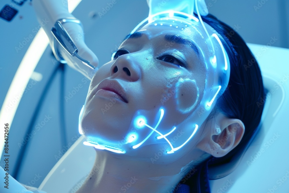 facial treatment with a futuristic twist, a model receives a facial using advanced technology and futuristic tools