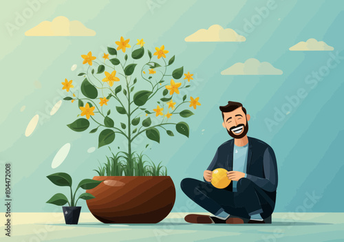 Smiling Man Watering Happy Face Plant Seedling - Concept for Positive Mindset, Wellbeing, Reducing Anxiety Through Relaxation and Self-Care