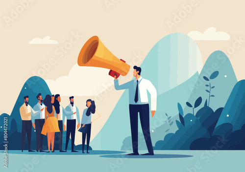 Encourage Employee Voice, Advocacy: Businessman Offers Megaphone for Employee Contribution, Communication, Idea Sharing - Staff Engagement Vector