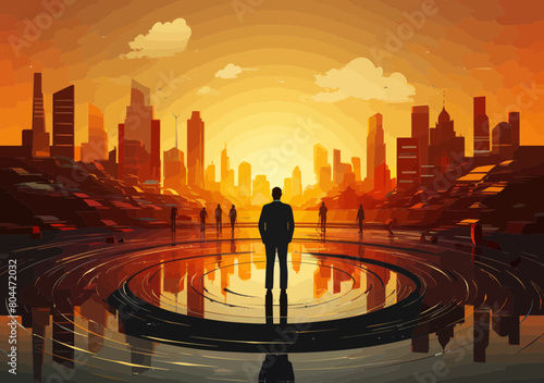 Mid-career man drawing new direction arrow - change path vector illustration, business opportunity transformation metaphor for alternate career choices, turning point