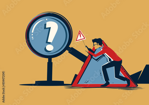 Business Process Analysis: Professional Examines Incident Data with Magnifier, Identifying Risks and Critical Failures on Digital Monitor