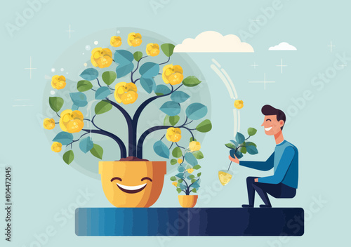 Mindful Nurturing: Smiling Man Watering Brain Plant with Positive Emotion Face Seedling - Mental Health, Happiness, Wellbeing, Anxiety Relief Concept
