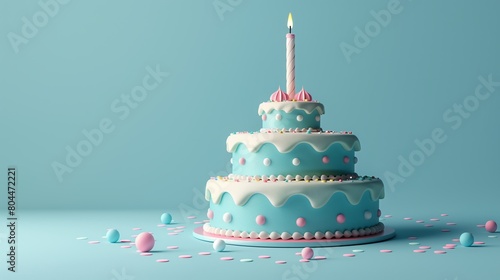 Blue birthday cake with candle isolated on blue background. Sweet Birthday Delight.