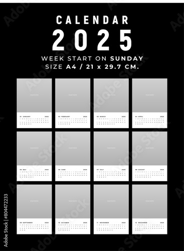 Calendar 2025 clean and minimal design size A4, Week start on sunday