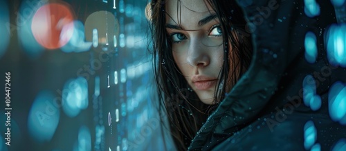 female hacker in Hooded Jacket Looking at Camera photo