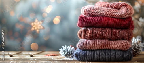 Several sweaters neatly stacked on a wooden table, creating a cozy winter atmosphere. photo