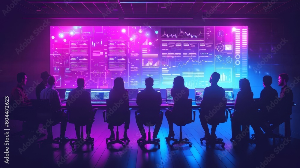 A futuristic office where a business team discusses strategy around holographic screens A futuristic office where a business team discusses strategy around holographic screens
