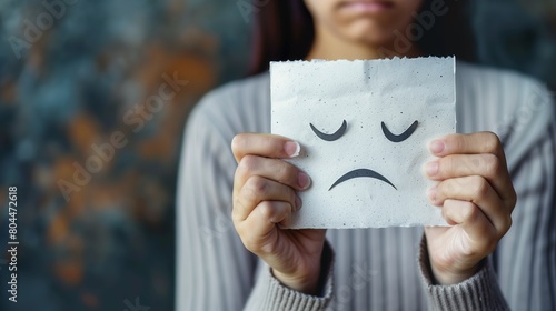 Woman holding sad face paper.