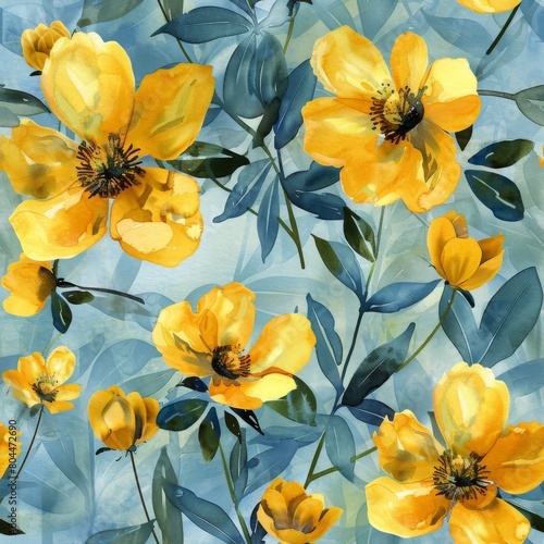 Watercolor Seamless Pattern with Vibrant Yellow Flowers  