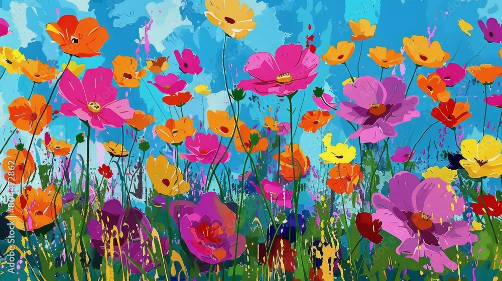A field of wildflowers in pop art, bursting with vibrant colors, simplified shapes