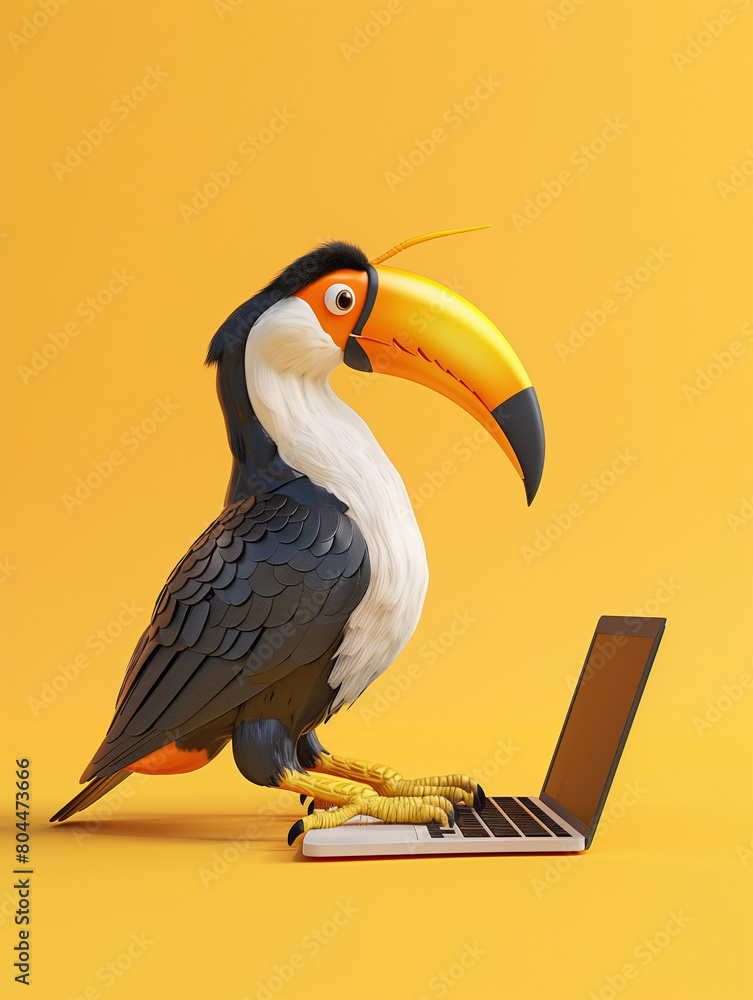 Obraz premium A Cute 3D Toucan Using a Laptop Computer in a Solid Color Background Room