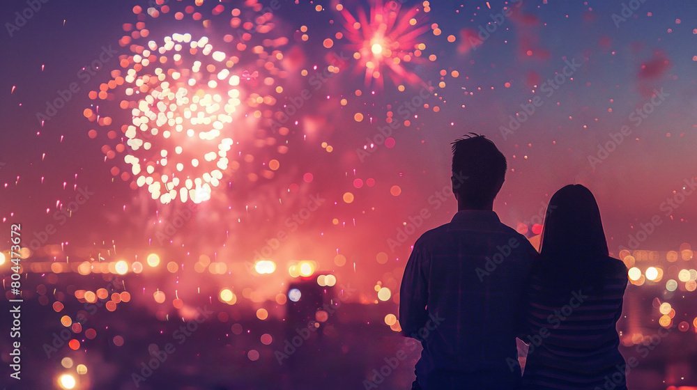 A couple are watching fireworks in the evening. Shared experiences and community engagement concept. Design for event promotion, festival poster, and social gathering banner. A couple are watching fireworks in the evening. Shared experiences and community engagement concept. Design for event promotion, festival poster, and social gathering banner.