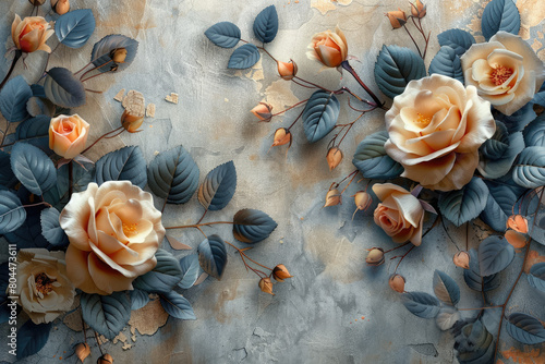  3d wallpaper wall painting design with roses, grey background. Created with Ai