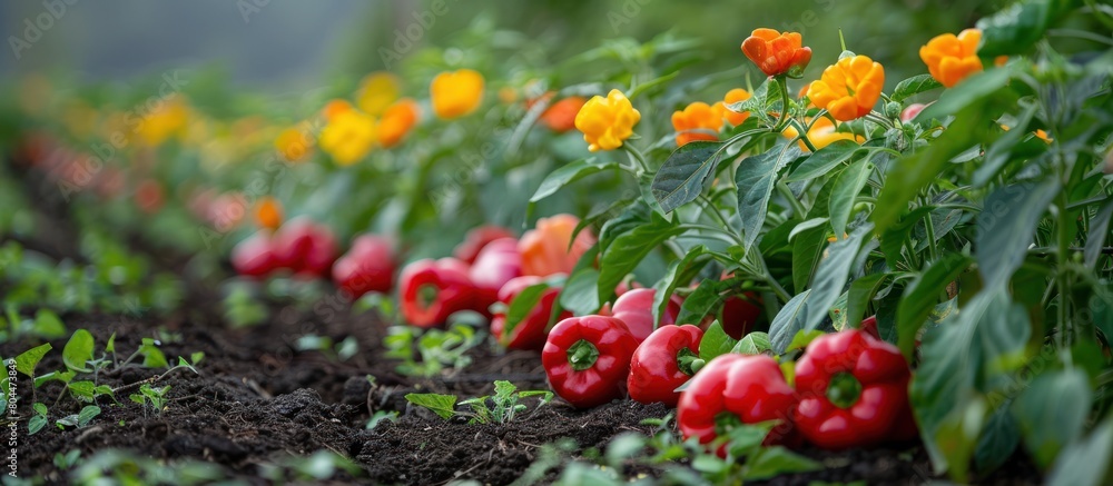 Fototapeta premium Vibrant Red Peppers in a Blooming Farm Garden