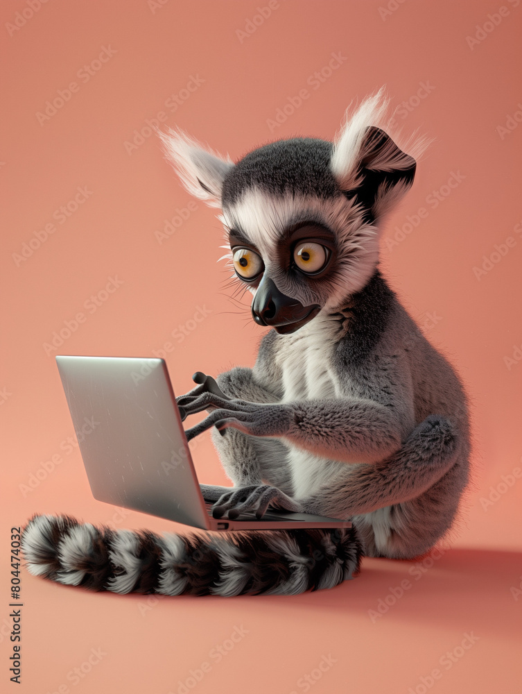 Obraz premium A Cute 3D Lemur Using a Laptop Computer in a Solid Color Background Room