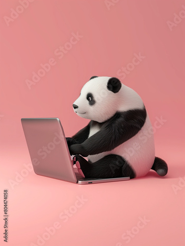 A Cute 3D Panda Using a Laptop Computer in a Solid Color Background Room © Nathan Hutchcraft