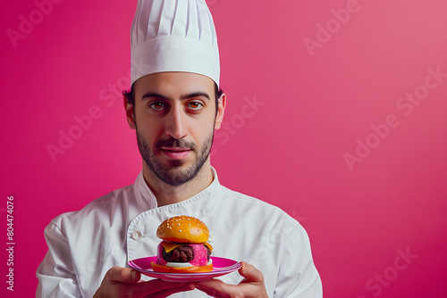 A molecular gastronomist presenting a dish that visually mimics other forms, such as a dessert that looks like a hamburger, set against an avant-garde magenta background photo