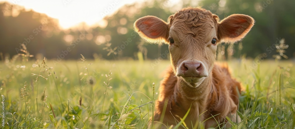 A brown cow standing on top of a lush green field, surrounded by vibrant grass and under a clear sky.