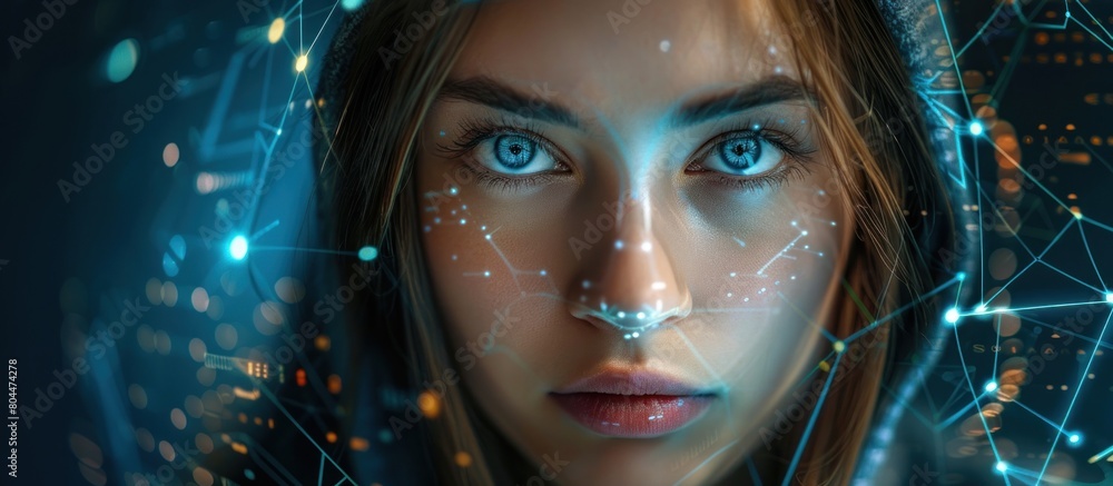 female hacker Face Surrounded by Lines and Dots female hacker Face Surrounded by Lines and Dots
