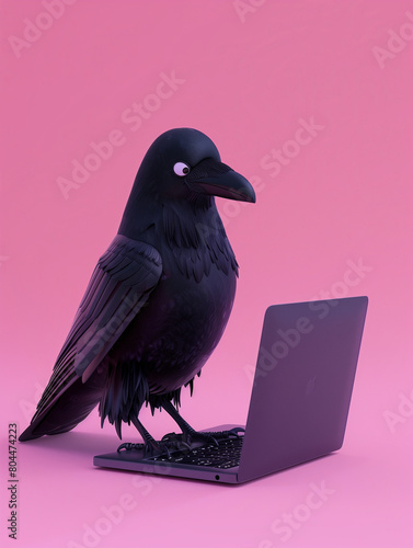 A Cute 3D Crow Using a Laptop Computer in a Solid Color Background Room © Nathan Hutchcraft