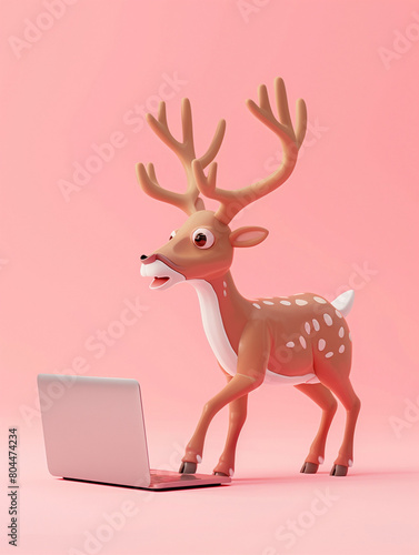 A Cute 3D Elk Using a Laptop Computer in a Solid Color Background Room © Nathan Hutchcraft