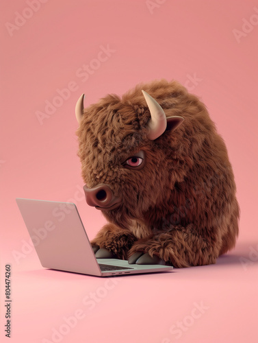 A Cute 3D Bison Using a Laptop Computer in a Solid Color Background Room © Nathan Hutchcraft