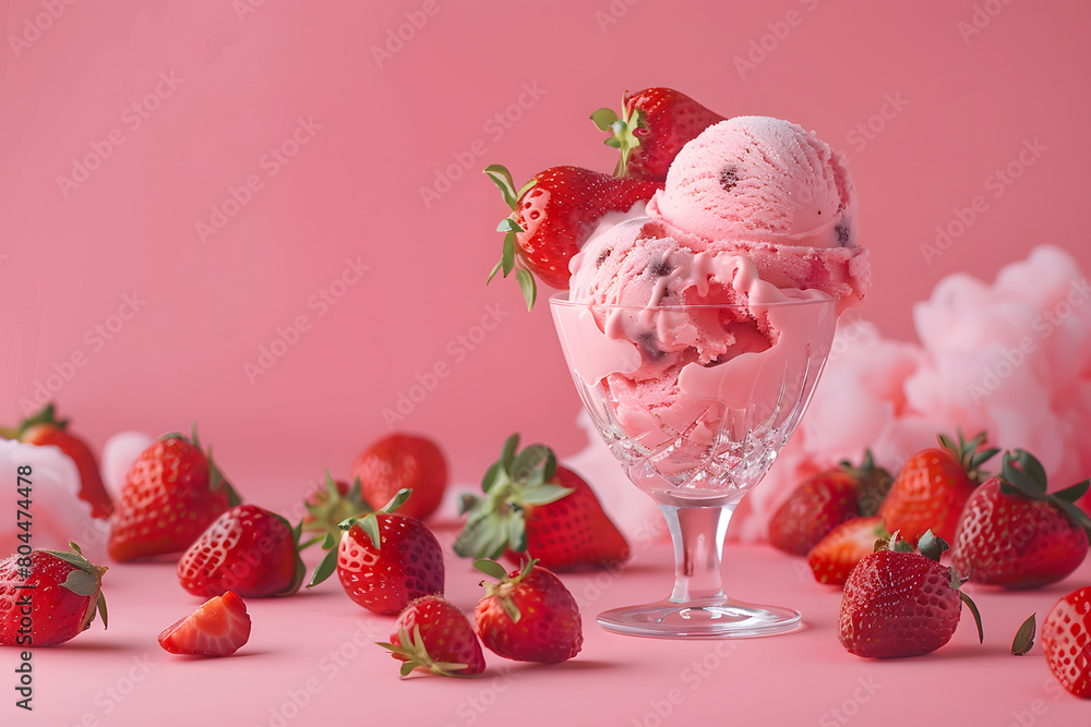 A gourmet ice cream tasting event, with exotic flavors being sampled, set against a delightful strawberry pink background A gourmet ice cream tasting event, with exotic flavors being sampled, set against a delightful strawberry pink background