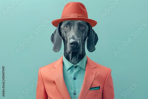 Dog-headed man in bright three-piece suit on solid pink, blue, and green background photo