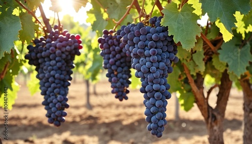 Grape branch against the background of grape plantations. Black grapes on the background of vineyards, winery at sunset, banner with panoramic view.