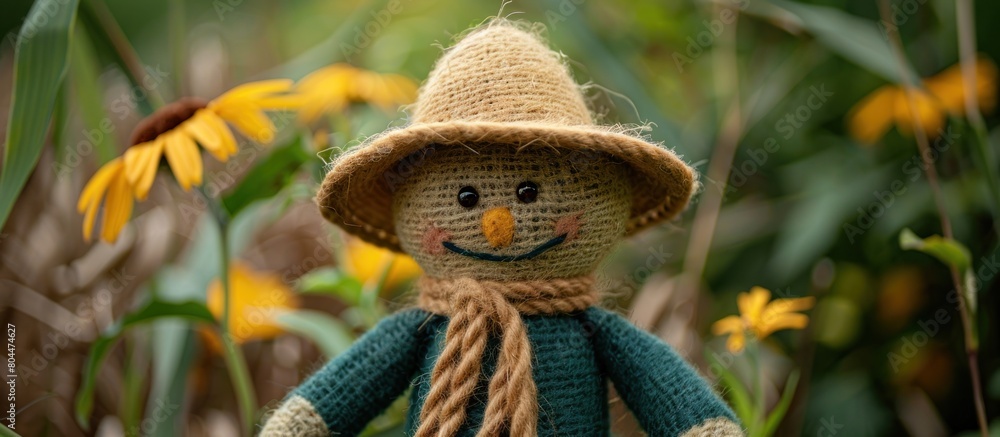 Knitted Scarecrow Doll in Field of Flowers Knitted Scarecrow Doll in Field of Flowers