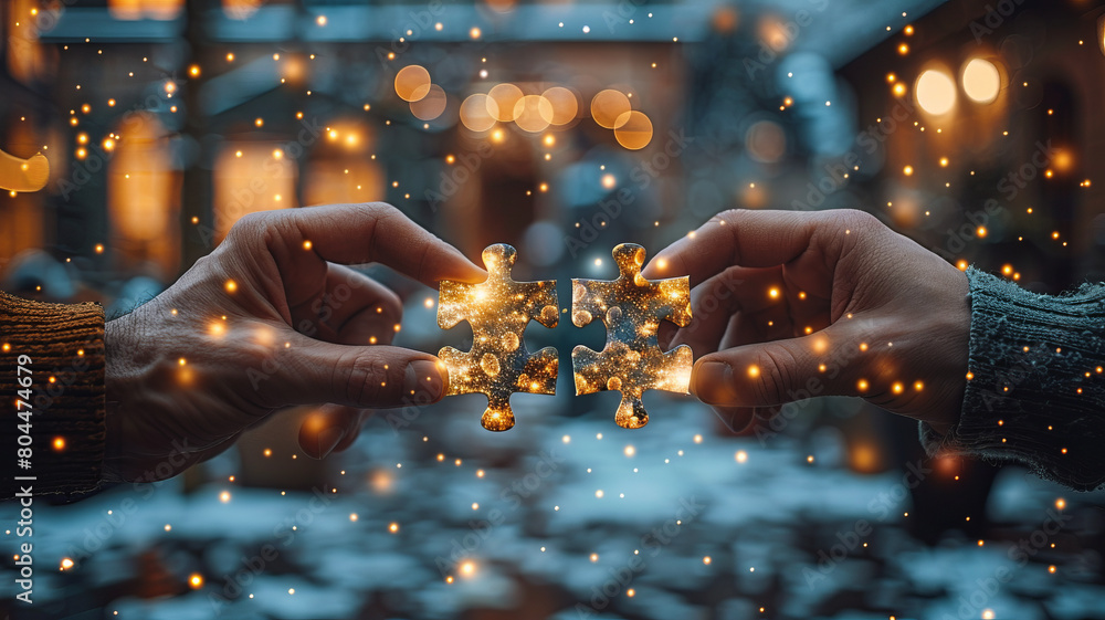 hands connecting jigsaw puzzle pieces with a blue digital network background.generative ai hands connecting jigsaw puzzle pieces with a blue digital network background.generative ai