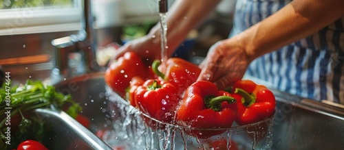 Person Washing Red Peppers in Sink photo