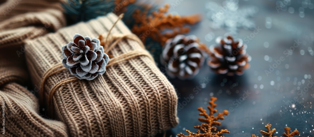 Fototapeta premium Cozy Sweater and Pine Cones on Festive Background