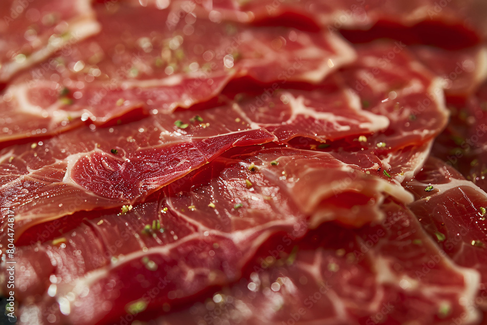 Obraz premium Fresh raw beef slices close-up, healthy food concept illustration