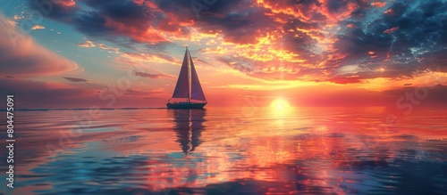 A sailboat glides gracefully on the vast expanse of the ocean during sunset, creating a serene and captivating scene. photo