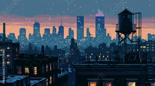 A pop art rooftop view of a city at night, twinkling lights, bold outlines, and a stylized water tower