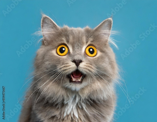 Cat looking surprised, reacting amazed, impressed or scared over solid blue background © bvbflo1