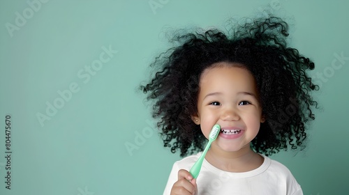 Vibrant Dental Hygiene Education Happy Little Girl with Messy Black Curls and Green Toothbrush Generative ai photo