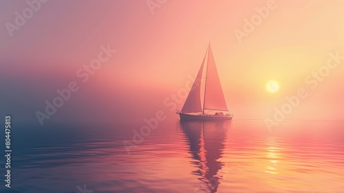Sailing ship in sea water in heavy fog at sunset. © rabbit75_fot