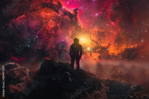 A space traveler gazing out at a nebula, their silhouette dwarfed by the cosmic expanse photo