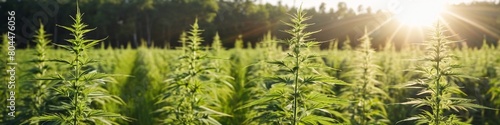 Young cannabis plants, farmer's field and hemp business. The sun sets behind a marijuana field. A background with a place to showcase the product, an advertising banner.